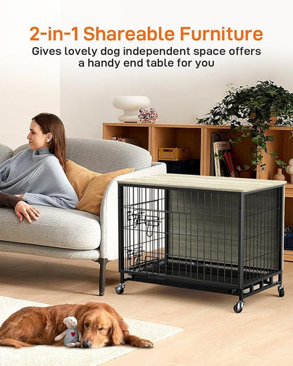 Dog Crate Furniture, Large Dog Kennel with Dual Doors, Removable Tray & 360° Wheels, Indoor Homefor Medium Dogs (Grey & Black, Medium)