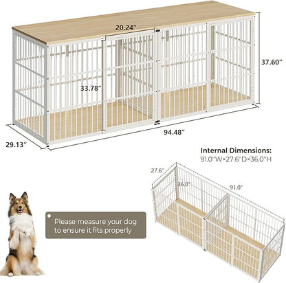 94.48'' Dog Crate Furniture Large Breed TV Stand with Double Rooms for 2 Large Medium Dogs, Wooden Indoor Kennel Crate Cage End Table with Removable Divider, Can Use Separately, Natural Beech