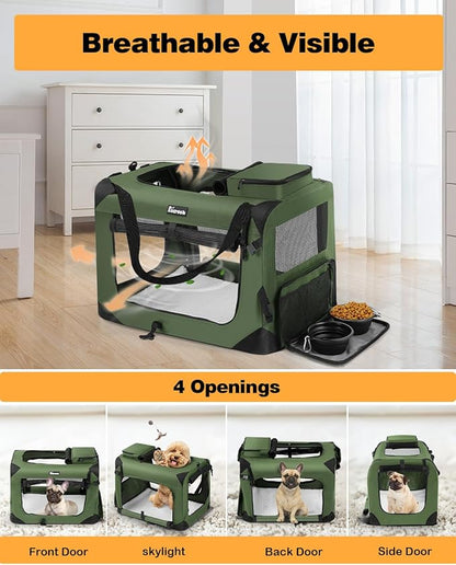 Extra Large Dog Crate with 2 Foldable Bowl, 40 Inch Collapsible Travel Dog Crate Kennel with Soft Blanket for Medium Dogs,Indoor & Outdoor (40" L x 27" W x 27" H, Green)