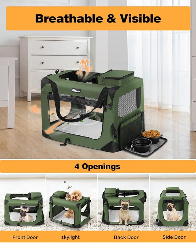 Extra Large Dog Crate with 2 Foldable Bowl, 32 Inch Collapsible Travel Dog Crate Kennel with Soft Blanket for Medium Dogs,Indoor & Outdoor (32" L x 23" W x 23" H, Green)