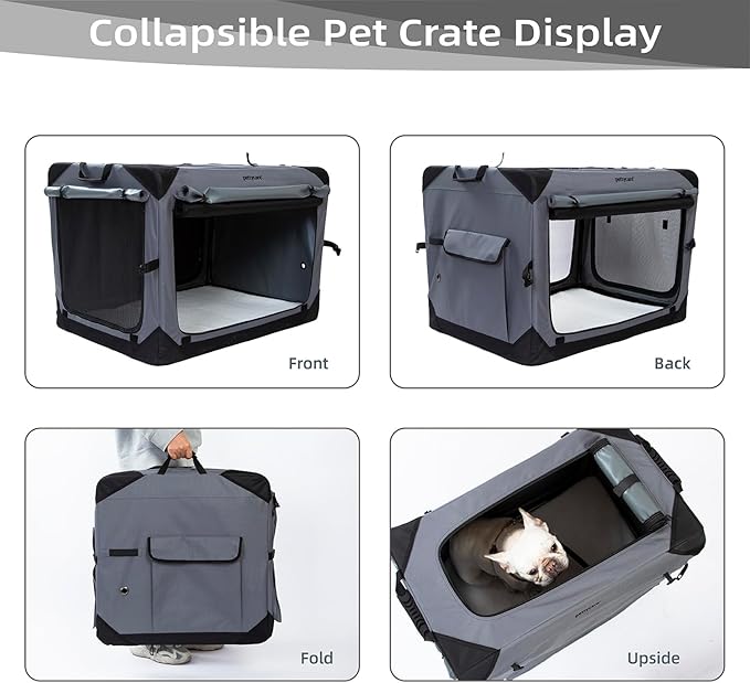 Pettycare 42 Inch Collapsible Dog Crate with Curtains Travel Dog Crate for Airflow and Calm Soft Pet Kennel with Portable Bag and More Chew Proof Mesh Indoor & Outdoor Grey 4 Door Curtains