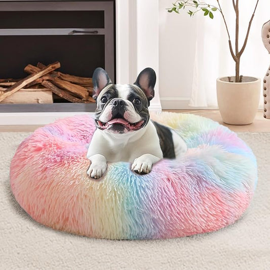 JOLLYVOGUE Dog Bed Cat Bed, Anti-Anxiety Small Dog Bed, Calming Donut Dog Bed for Puppy Bed, Fluffy Dog Beds for Small Medium Dogs, Washable Round Puppy Bed for Indoor Pet (24"/Rainbow
