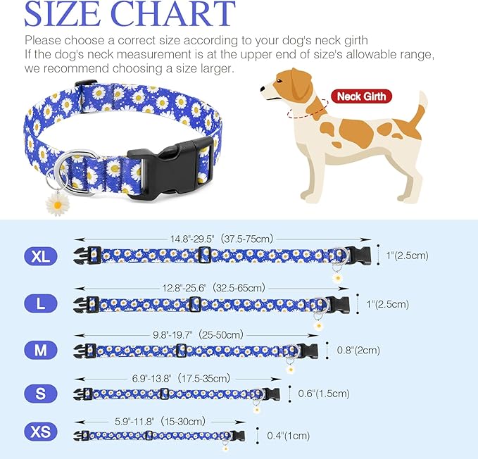 BiPawTi Floral Dog Collars for Large Dog - Soft Cute Dog Collars for Girls Dog Pretty Flower Collar with Daisies Charms, Gift for Female Male Boys Girls Dogs (L, Blue)