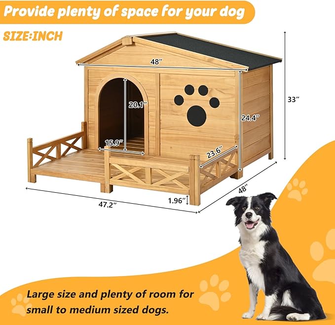 Merax 48" Wooden Dog House Outdoor, Medium Large Breed Outside Kennel with Porch, Paw Print, Weatherproof Asphalt Roof and Fencing