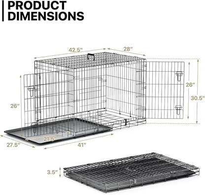 MoNiBloom 24/30/36/42/48 Dog Crates, Foldable Metal Wire Dog Cage with Double-Door, Outdoor Indoor Pet Kennels, Includes Leak-Proof Pan, Divider Panel, Black, 42"