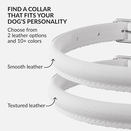 CollarDirect Rolled Leather Dog Collar, Soft Padded Round Puppy Collar, Handmade Genuine Leather Collar Dog Small Large Cat Collars 13 Colors (6-7 Inch, White Smooth)