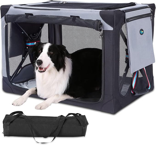 Ownpets Collapsible Dog Crate 32 Inch Portable Travel Dog Soft Crate with Detachable Storage Bag and Double-Sided Mat, 3-Door Dog Kennel for Indoor and Outdoor