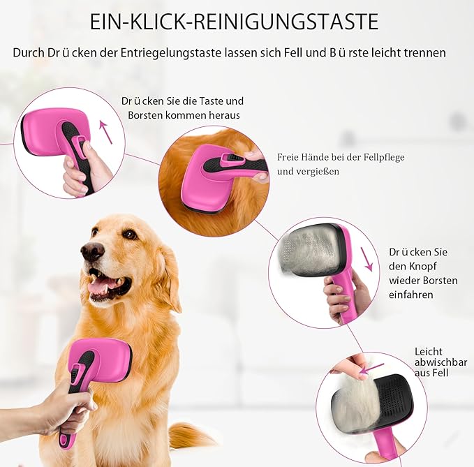 Dog Self Cleaning Slicker Brush for Shedding, Ideal for Short Long Haired Dogs, Including Cat. Removes Loose Fur, Undercoat, Mats, Tangled Hair. Suit for Large Medium Small Animal, Pink