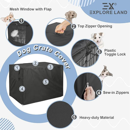 Explore Land 42 inches Dog Crate Cover Heavy Duty Polyester Pet Kennel Sunshade Universal Fit for Wire Cage (Black)