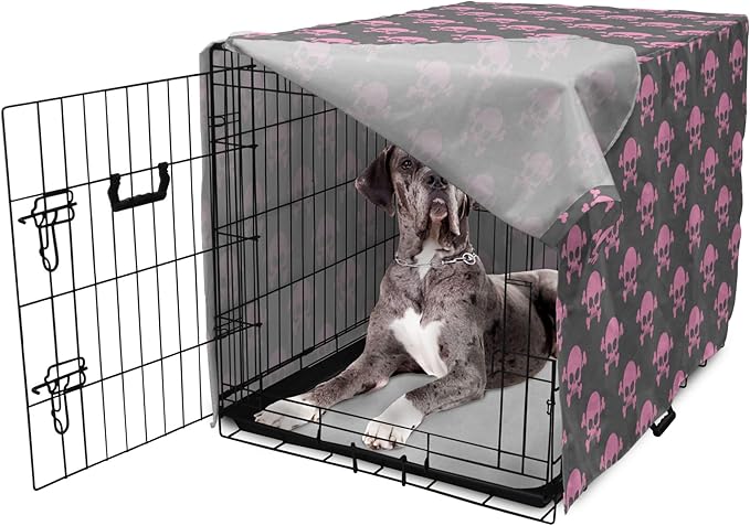Lunarable Skull Dog Crate Cover, Vivid Pirate on Pale Background Head of a Skeleton and Bones Halloween Themed, Easy to Use Pet Kennel Cover for Medium Large Dogs, 48 Inch, Pink Taupe