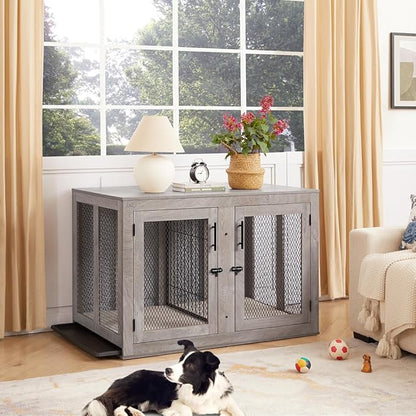 unipaws 46.7" Extra Large Dog Crate Furniture with Divider for 2 Dogs, Wooden Dog Kennel for XLarge Breed, XL Wood Dog Cage, End Table Crate with Tray, for Dogs Up to 90 lbs