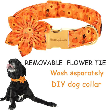 Unique style paws Halloween& Dog Collar with Flower Tie Pumpkin Cotton Collar Adjustable Puppy Collar Best Thanksgiving Gift for Small Medium Large Dogs-Turkey & Pumpkin Theme-M