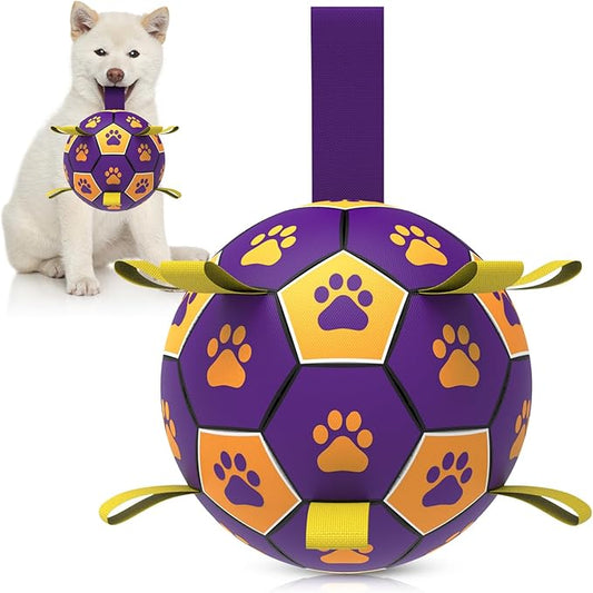 QDAN Dog Ropes Toys Soccer Ball with Straps, Interactive Dog Toys for Tug of War, Puppy Birthday Gifts, Dog Tug Toy, Dog Water Toy, Durable Dog Balls for Small & Medium Dogs（6 Inch）