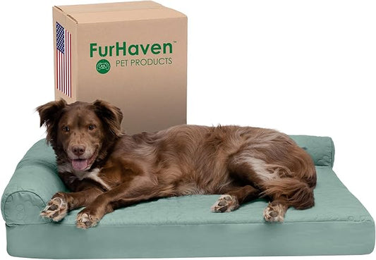 Furhaven Memory Foam Dog Bed for Large Dogs w/ Removable Bolsters & Washable Cover, For Dogs Up to 95 lbs - Pinsonic Quilted Paw L Shaped Chaise - Iceberg Green, Jumbo/XL