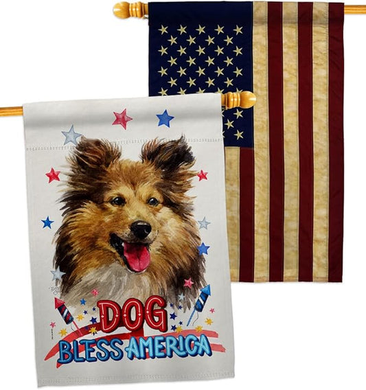 Breeze Decor Patriotic Shetland Sheepdog House Flag Pack Dog Puppy Spoiled Paw Canine Fur Pet Nature Farm Animal Creature Vintage Applique Banner Small Garden Yard Gift Double-Sided, Made in USA