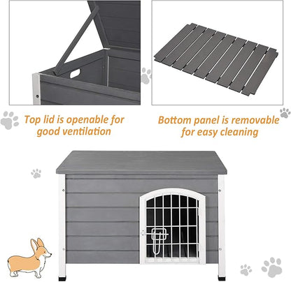 PawHut 31" L Wooden Decorative Dog Cage Kennel Wire Door with Lock Small Animal House with Openable Top Removable Bottom Grey