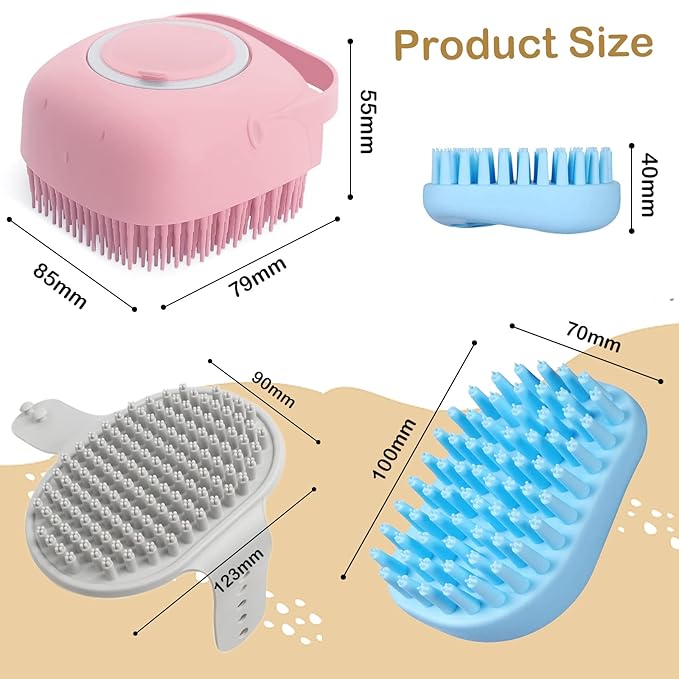 ELEGX Pet Grooming Bath Massage Brush with Soap and Shampoo Dispenser Soft Silicone Bristle for Long Short Haired Dogs Cats Shower (2 Massage Brush + Pink)
