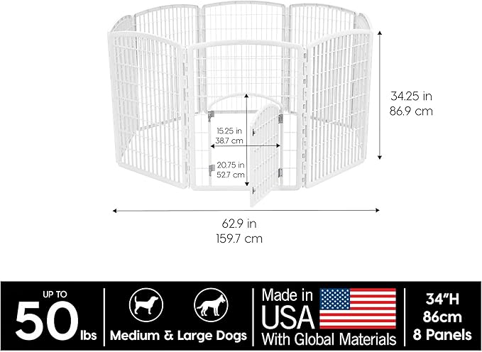 IRIS USA Dog Playpen, 8-Panel 34" Pet Playpen with Door, Puppy Playpen, Indoor/Outdoor Dog Pen, 63 x 63 x 34, Foldable, Customizable, White