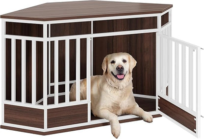 DWVO Corner Dog Crate Furniture, 52 Inch Heavy Duty Dog Kennel Indoor Furniture End Table Crate for Large Dogs, Modern Decorative Cage Wooden Dog Crate for Large Dogs, White Walnut