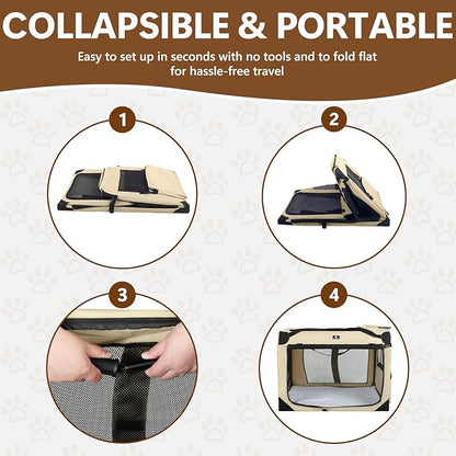 X-ZONE PET Dog Crate 3-Door Kennel, Collapsible Portable Soft Sided Pet Carriers for Indoor & Outdoor, Multiple (32-Inch, Rice White)