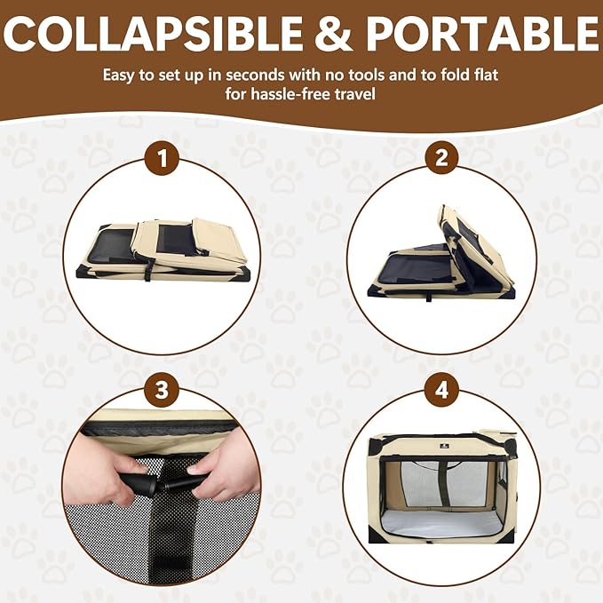 X-ZONE PET Dog Crate 3-Door Kennel, Collapsible Portable Soft Sided Pet Carriers for Indoor & Outdoor, Multiple (24-Inch, Rice White)