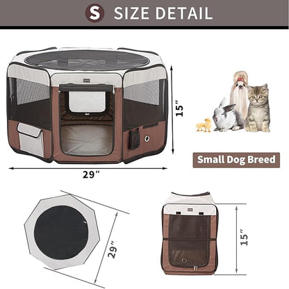 DONORO Dog Playpen 29" Portable Pet Play Pens for Small Dog/Cat/Rabbit/Chicks, Foldable Exercise Kennel Tent Crate Indoor/Outdoor Travel Camping, Removable Top/Bottom (Brown, Small (29"x29"x15"), 8)