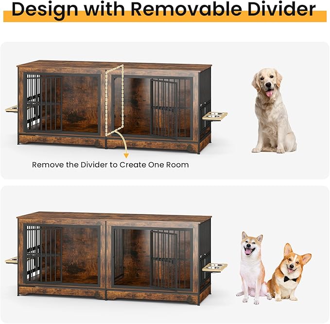 78'' Dog Crate Furniture with 4 Dog Bowls, Extra Large Double Dog Kennel with 360° Rotating and Adjustable Height Bowl Holder, Wooden Dog Crate Kennel with Divider for Dogs (Brown)
