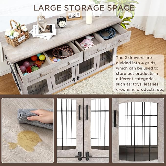 2 Dog Crate Furniture for Large Breeds,Large Dog Kennel Furniture TV Stand,58" Wooden Dog Kennel End Table with Drawers,Double Dog House with Divider