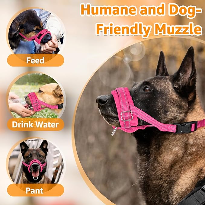 SlowTon Soft Dog Muzzle, Adjustable Padded Nylon Muzzle for Large Medium Dogs Anti Chewing Barking Biting, Allow Dog Pant & Drink (Fuchsia, M)
