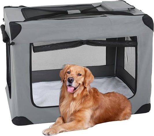 FDW 42 Inch Soft Collapsible Dog Crate 3-Door Open Dog Kennel with Mesh Window Portable Travel Pet Crate Indoor & Outdoor Pet Home, Grey