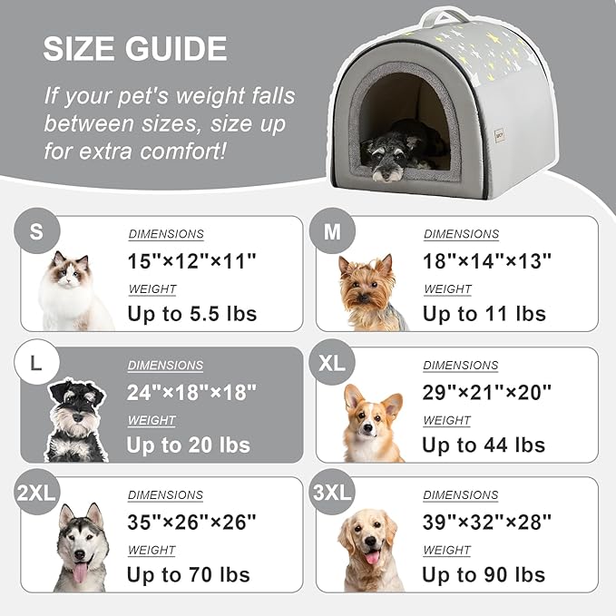 Jiupety Indoor Dog House, 2 in 1 Portable Foldable House Bed with Cover, Pet Tent & Cave Bed for Small Medium Dog, L(24"×18"×18"), Up to 20 Lb, Grey