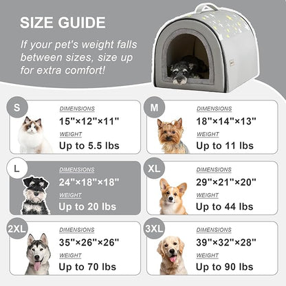 Jiupety Indoor Dog House, 2 in 1 Portable Foldable House Bed with Cover, Pet Tent & Cave Bed for Small Medium Dog, L(24"×18"×18"), Up to 20 Lb, Grey