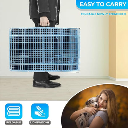 FDW Dog Crate for Medium Dogs 36 Inch Folding Metal WirePet Cage Double Door W/Divider Panel Indoor Outdoor Kennel Leak-Proof Plastic Tray,Blue