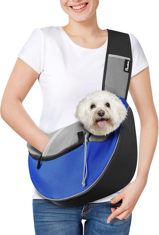 Pawaboo Dog Sling Carrier, Dog Papoose with Zipper Touch Pocket, Hand Free Breathable Mesh Puppy Carrier, Crossbody Satchel Dog Purse with Adjustable Strap for Outdoor Travel, Blue, Large