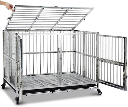 42" Heavy Duty Dog Crate Cage Kennel with Wheels, Full Stainless Steel High Anxiety Indestructible Dog Crate, Sturdy Locks Design, Double Door Small Door Design & Removable Tray Design (Silver)
