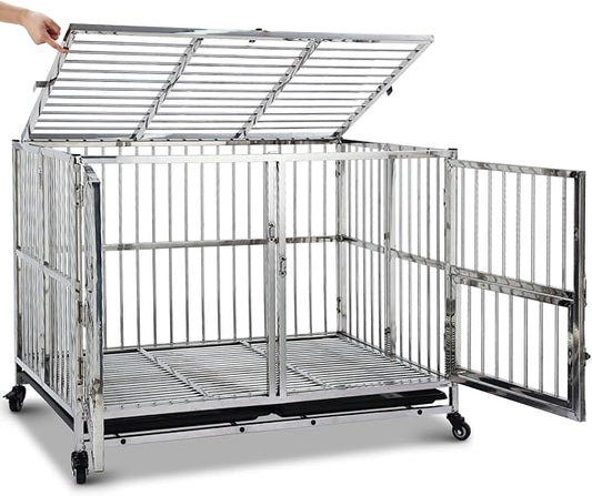 42" Heavy Duty Dog Crate Cage Kennel with Wheels, Full Stainless Steel High Anxiety Indestructible Dog Crate, Sturdy Locks Design, Double Door Small Door Design & Removable Tray Design (Silver)