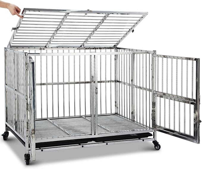 48"(Update) Heavy Duty Dog Crate Cage Kennel with Wheels, Full Stainless Steel High Anxiety Indestructible Dog Crate, Sturdy Locks Design, Double Door Small Door Design & Removable Tray Design