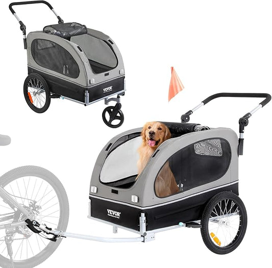 VEVOR Dog Bike Trailer, Supports up to 66/88/100 lbs, 2-in-1 Pet Stroller Cart Bicycle Carrier, Easy Folding Cart Frame with Quick Release Wheels, Universal Bicycle Coupler, Reflectors, Flag