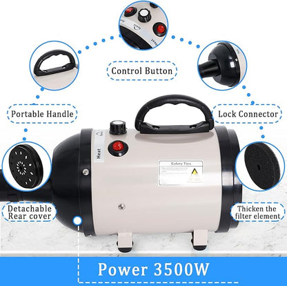 Dog Dryer for Large Dogs, 5.2HP 3800W High Velocity Pet Hair Dryers with Heater for Grooming, Spind Temperature Adjustable Pet Dryer Machine with 4 Nozzles Secadora Para Perro (Beige)