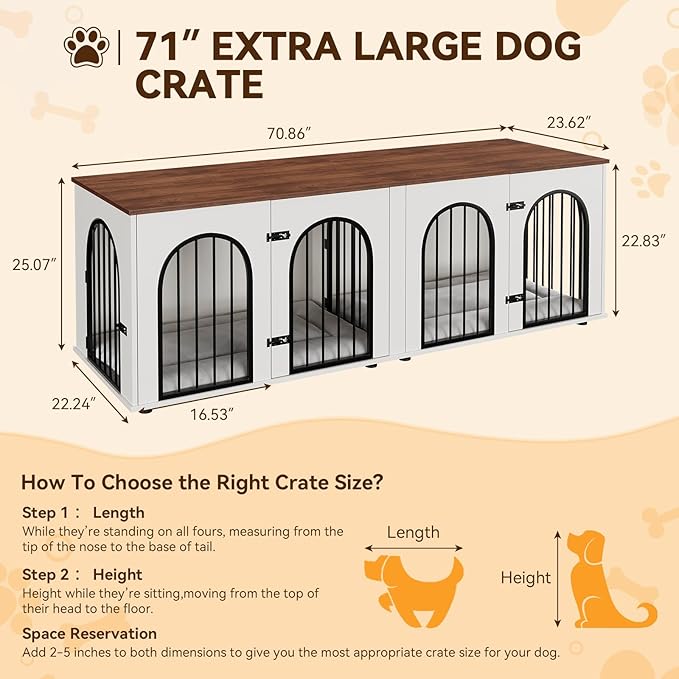 71" Large Dog Crate Furniture for 2 Dogs, Wooden Double Dog Crate with Door, Indoor Dog Kennel TV Stand with Divider and Cushion for Large Medium Dogs,White/Brown