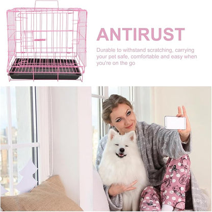 Housoutil Dog Crate Cage, Foldable Metal Wire Dog Crate, Newly Enhanced Single Door Dog Crate for Cat Rabbit and Small Animals, Pink