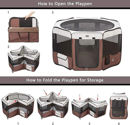 DONORO Dog Playpen 29" Portable Pet Play Pens for Small Dog/Cat/Rabbit/Chicks, Foldable Exercise Kennel Tent Crate Indoor/Outdoor Travel Camping, Removable Top/Bottom (Brown, Small (29"x29"x15"), 8)