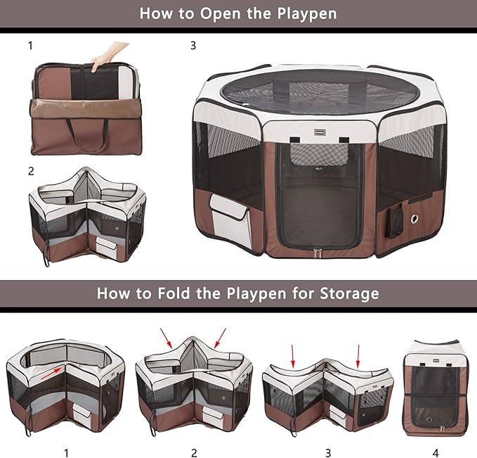 DONORO Dog Playpen 36" Portable Pet Play Pens for Small Dog/Cat/Rabbit/Chicks, Foldable Exercise Kennel Tent Crate Indoor/Outdoor Travel Camping, Removable Top/Bottom (Brown, Medium (36"x36"x20"), 8)