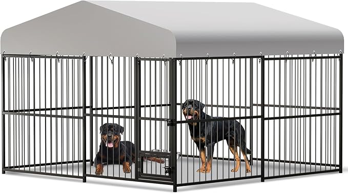 Large Outdoor Dog Kennel, Heavy Duty Dog Cage with Roof, Dog Kennel Galvanized Iron Dog House with Safety Locks,UV & Water Resistant Proof Cover, for Garden Backyard Black (10x10x6FT)