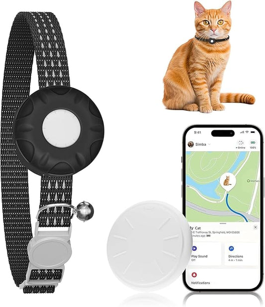 Cat Tracker, Waterproof Pet Tracker for Cats, Cat GPS Tracker Collar with Safety Elastic Buckle, Compatible with Apple Find My App (Only iOS), No Monthly Fee, Black
