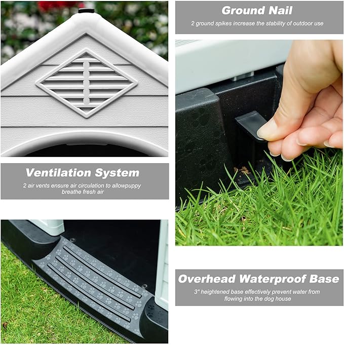 FDW Dog House Indoor Outdoor Durable Ventilate Waterproof Pet Plastic Dog House for Small Medium Large Dogs Insulated Puppy Shelter Kennel Crate with Air Vents and Elevated Floor