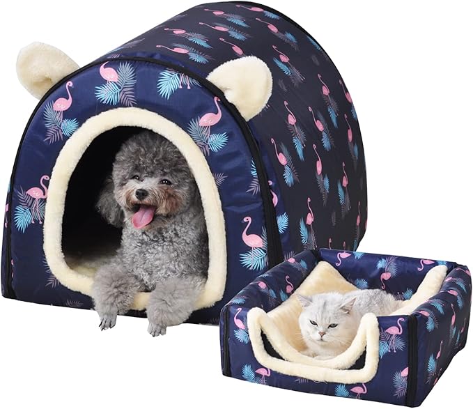 Dog Bed or Cat Bed,2 Ways to Use,Indoor Pet House with Fluffy Mat,Removable and Washable Cover,Splash-Proof House and Non-Slip Bottom,for Cats and Small Dogs(M Flamingo)