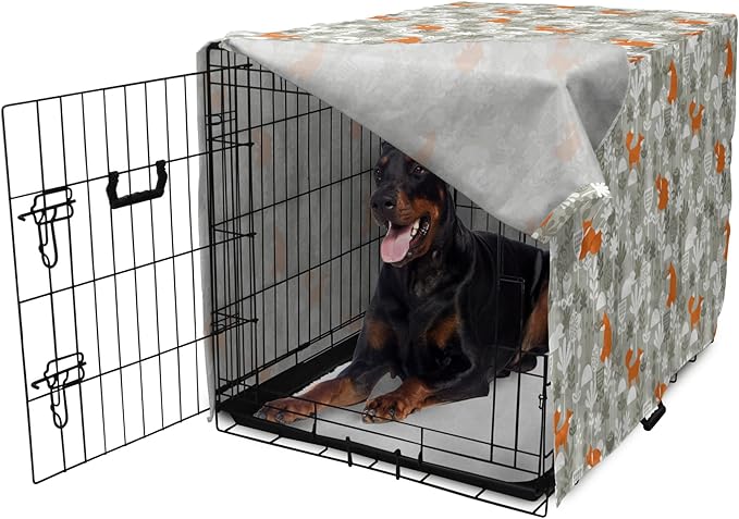 Lunarable Autumn Fall Dog Crate Cover, Fox Animal Sleeping in The Forest Plants Woodland Wildlife Theme, Easy to Use Pet Kennel Cover for Medium Large Dogs, 42 Inch, Orange Grey White