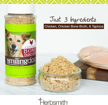 Herbsmith Bone Broth Kibble Seasoning – DIY Raw Coated Kibble Mixer - Freeze Dried Meat + Bone Broth Powder for Dogs - Healthy Dog Food Toppers - Chicken 3.5 oz [Bundle x3 Units]