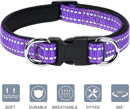AUAUY Reflective Nylon Dog Collars, Adjustable Classic Pet Collars with Soft Neoprene Padding, Double Security Dual D-Ring and Quick Release Buckle for Small Puppy, Medium and Large Dogs (Purple-M)